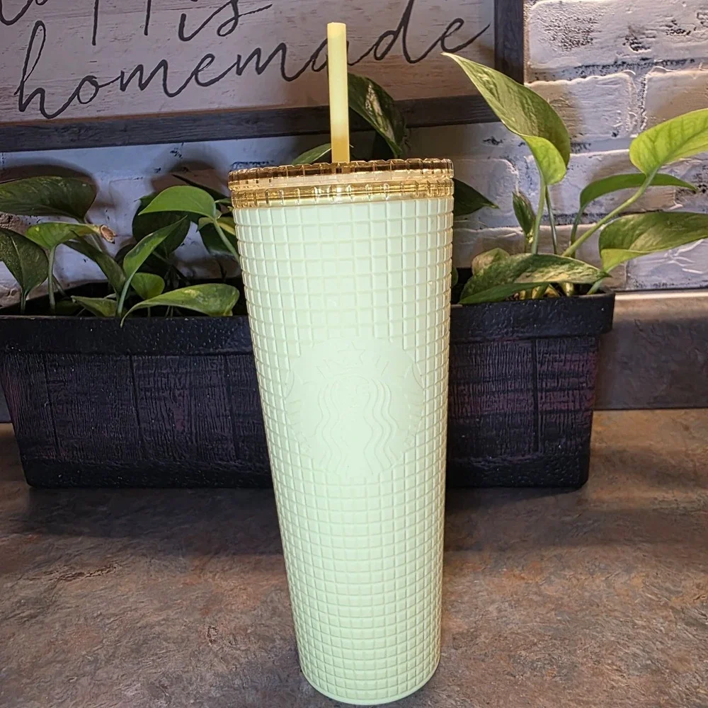 NEW Starbucks 24 oz Meadow Yellow Soft Touch Grid Tumbler Cold Cup Coffee